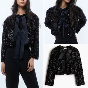 H&M Black Sequin Cardigan with Bow Detail NWT